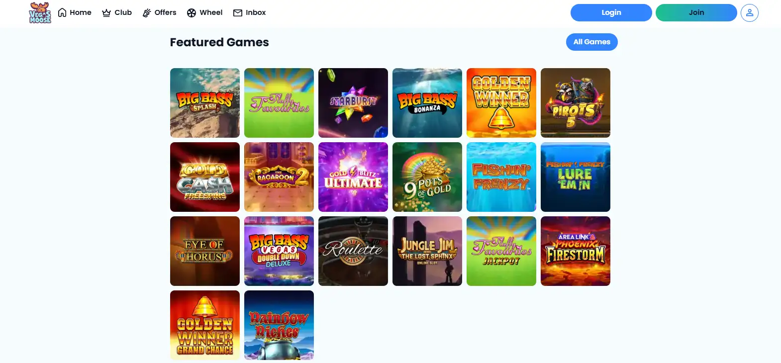 Current Vegas Moose game lobby showing casino game categories and titles
