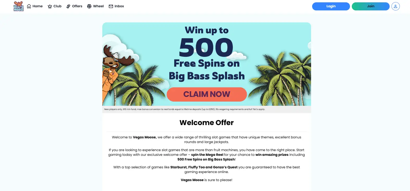Current Vegas Moose welcome promotion page with the Mega Reel offer