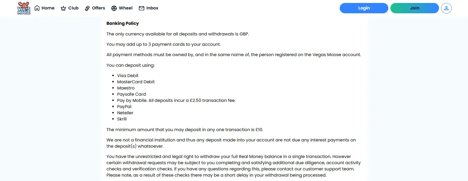 Vegas Moose terms showing the current banking policy and deposit methods