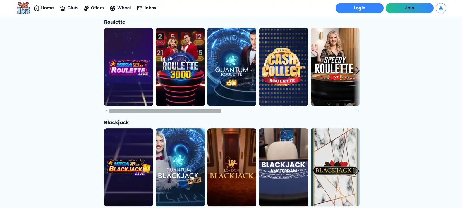 Current Vegas Moose live casino category showing live dealer game titles
