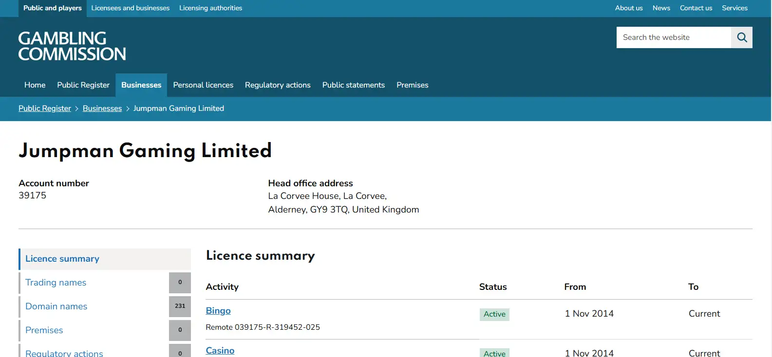 UK Gambling Commission register for Jumpman Gaming Limited account 39175