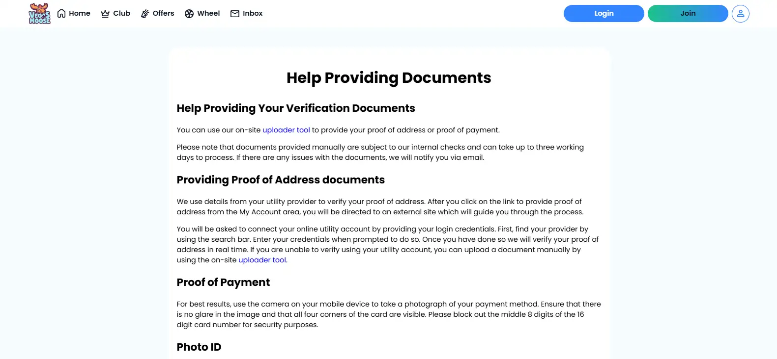 Vegas Moose Help page showing current verification document guidance