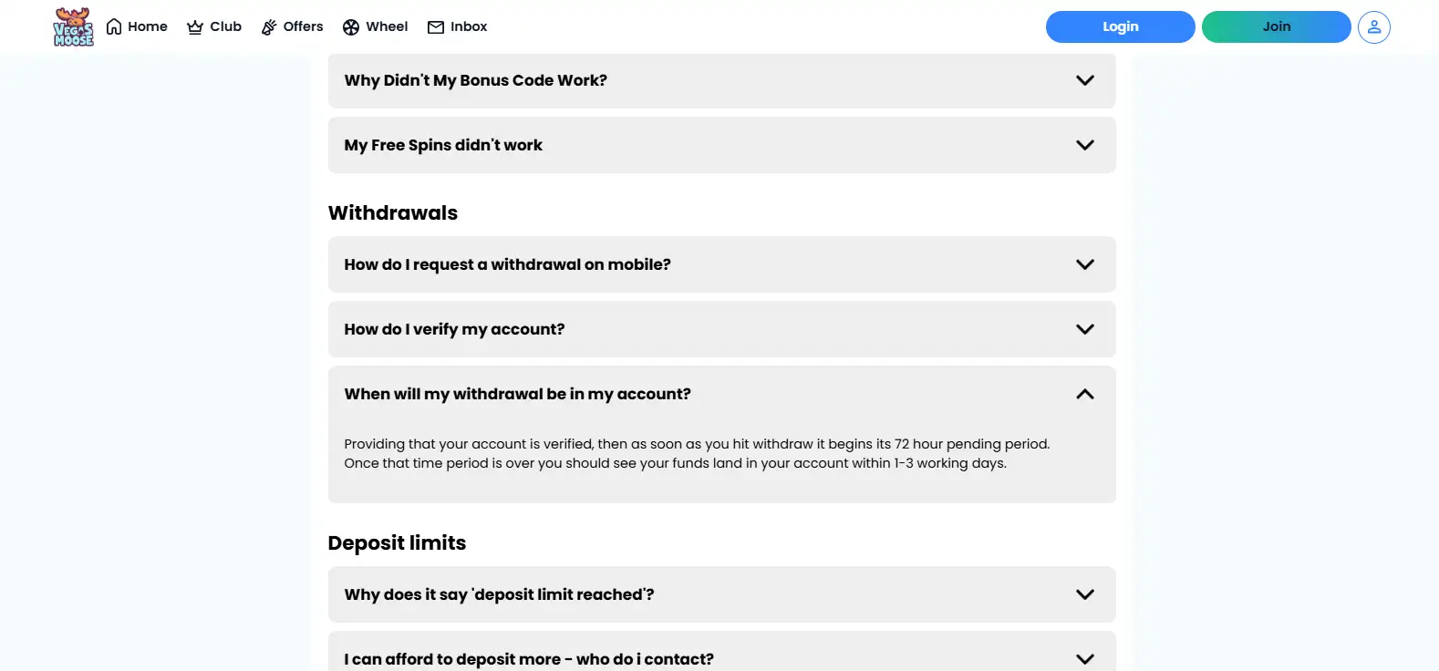 Vegas Moose FAQ section explaining current withdrawal timing and verification dependency