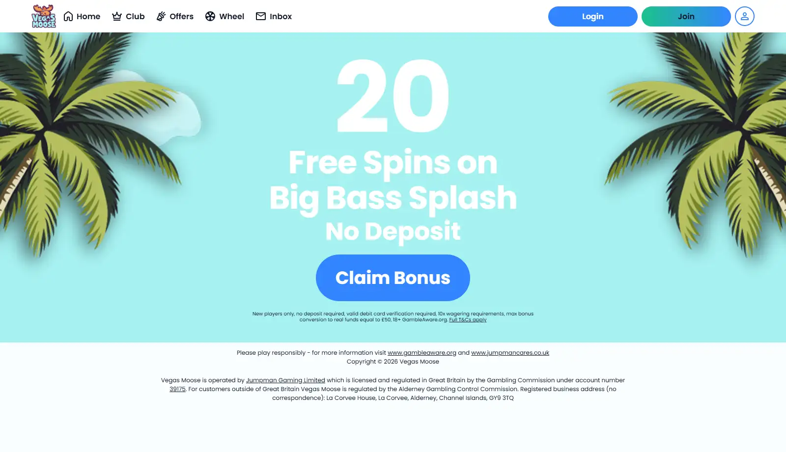 Current Vegas Moose homepage with the 20 free spins no-deposit offer and operator disclosure